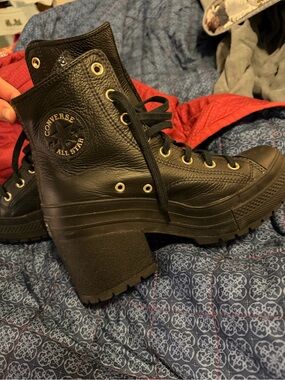 Converse Black Leather Chunky Heel Lace-Up Boots